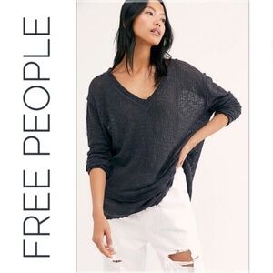 Free People V Neck Distressed Long Sleeve Top